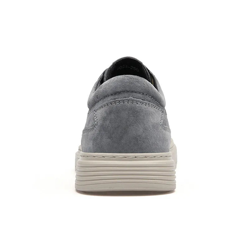 Men's gray casual skate shoes with pigskin leather upper and rubber sole on a white background.