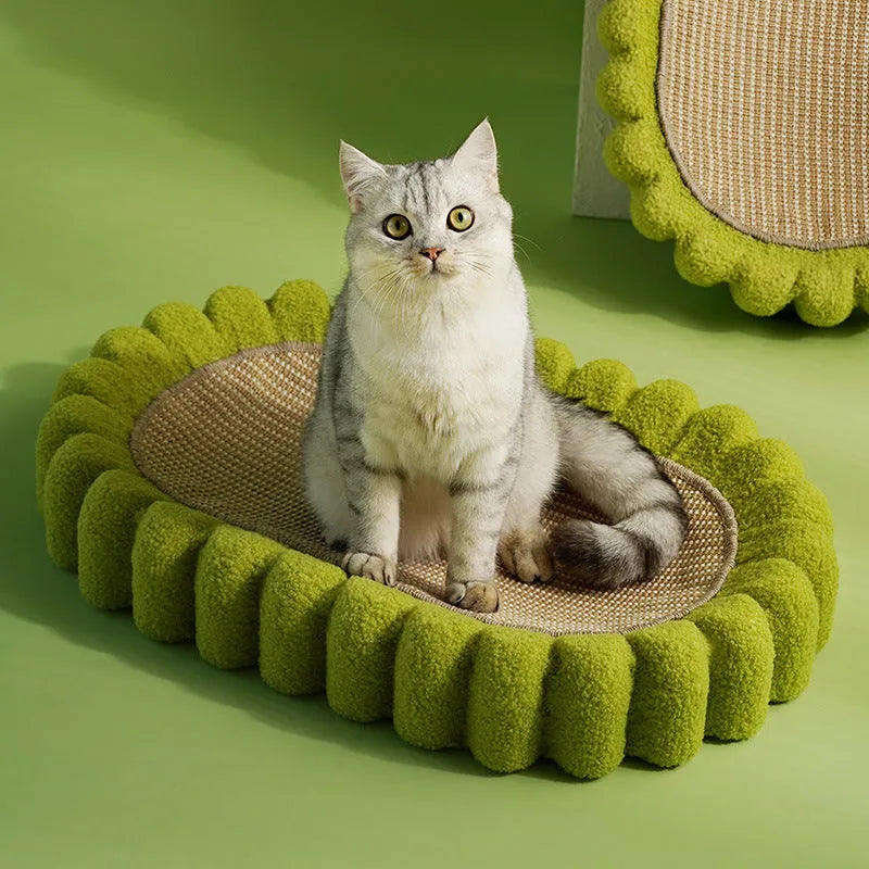 Green oval sisal cat scratching pad serving as a lounging bed, dimensions 650mm by 420mm.