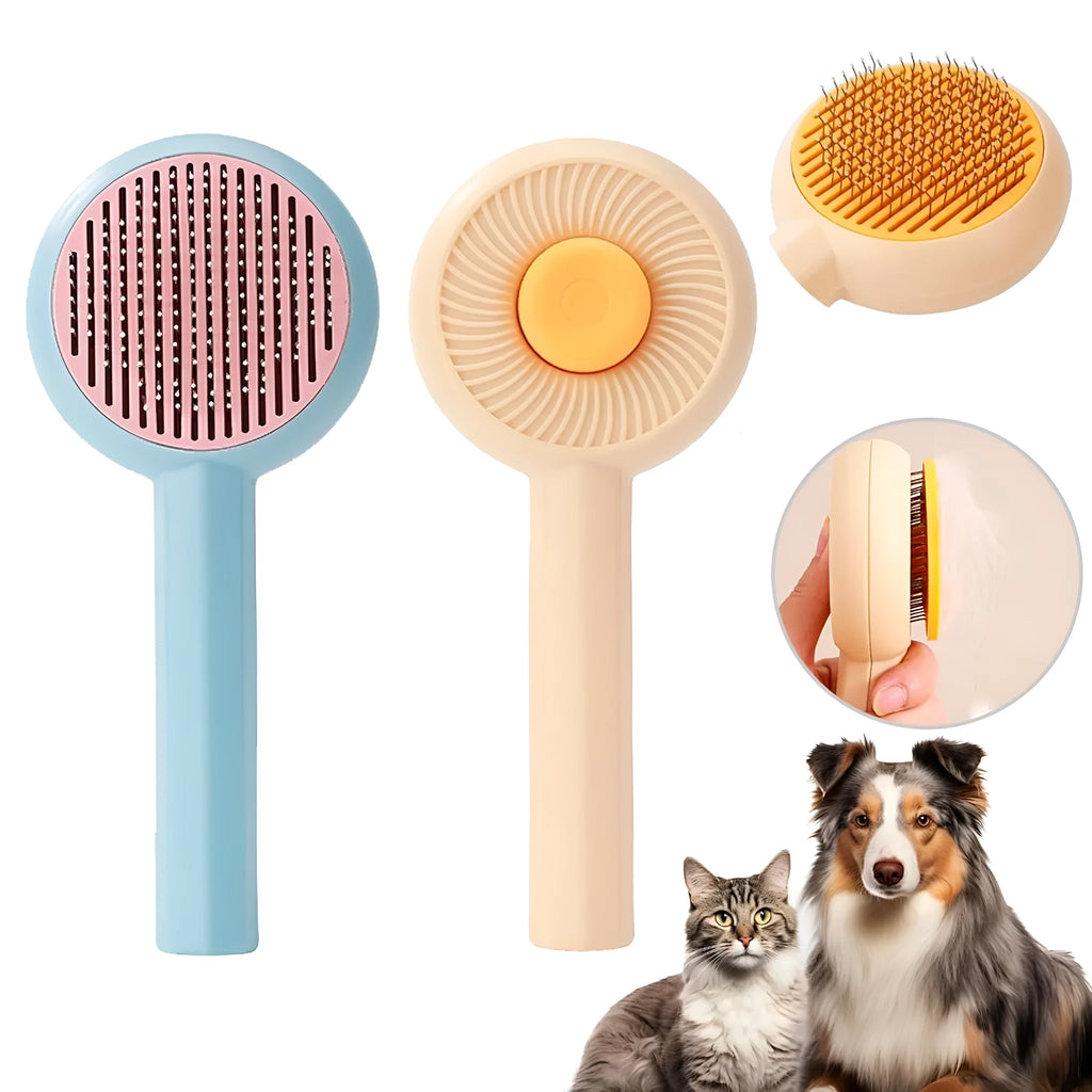 Blue self-cleaning pet grooming brush with angled metal needles and a yellow button.