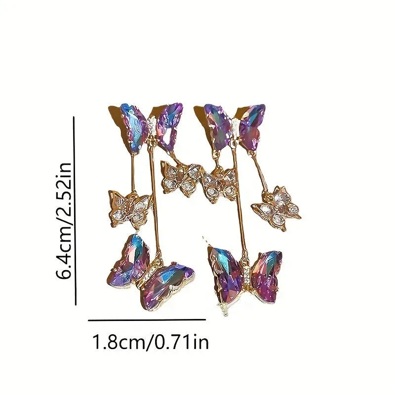 Silver needle crystal flowers butterfly tassel earrings with blue purple electroplated finish