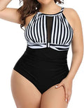 Women's solid colour polyester one-piece swimsuit with lace detailing in black colour