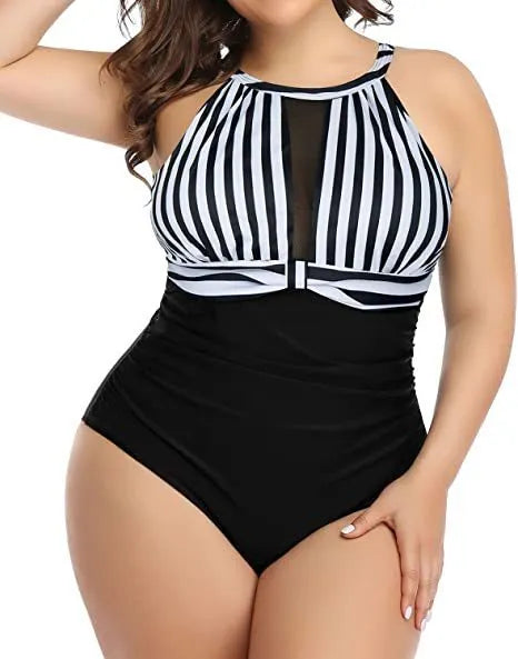 Women's solid colour polyester one-piece swimsuit with lace detailing in black colour