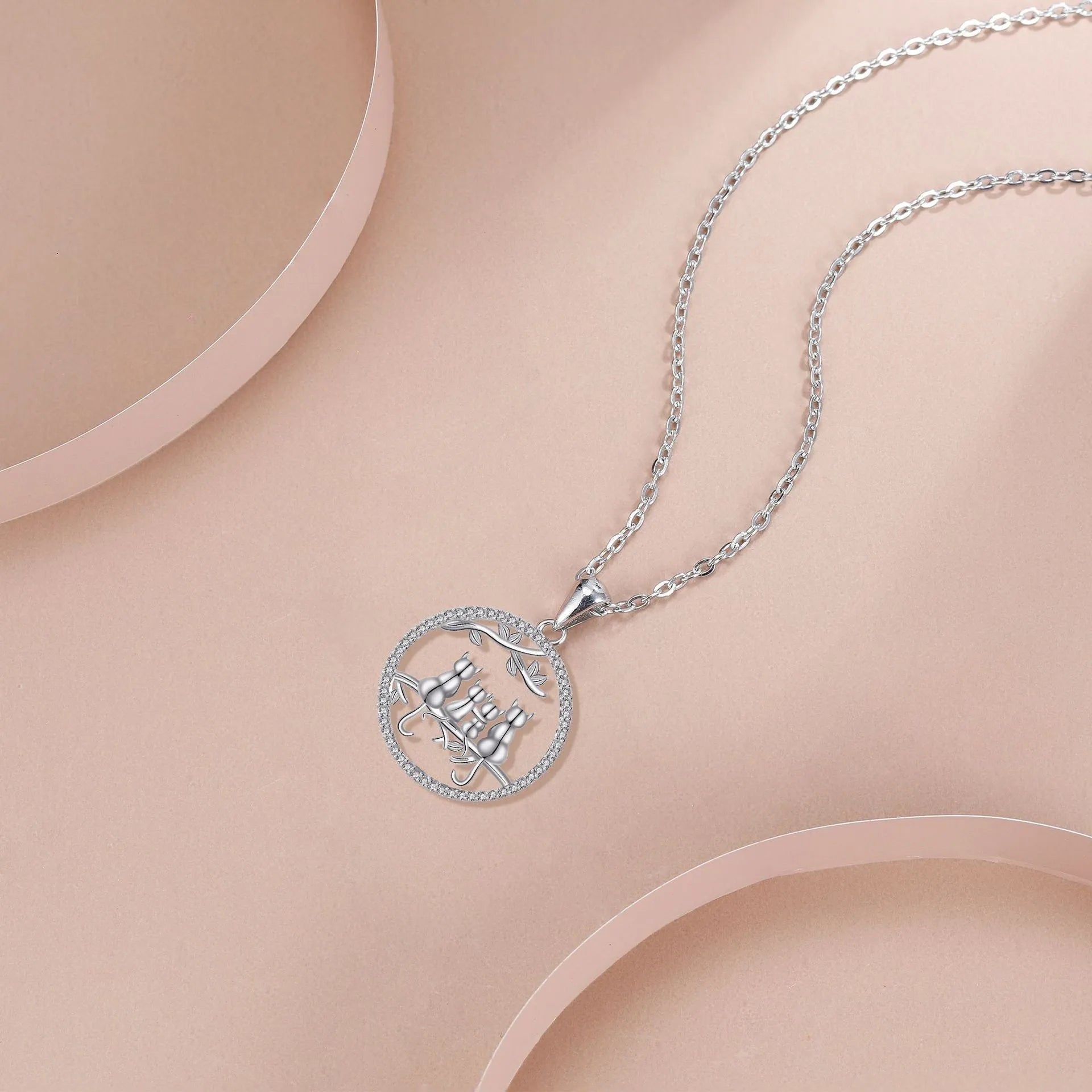 Four Kitten Necklace women's cat pendant jewellery with copper cross chain and electroplated finish