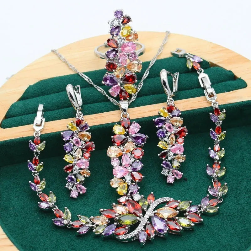 Retro floral jewellery set with copper zircon bracelet, necklace, earrings and ring in vintage style