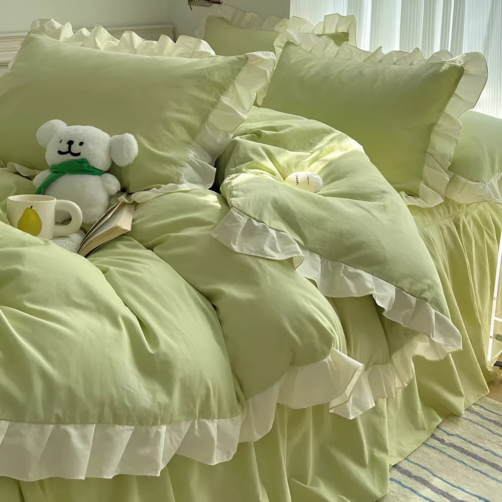 Mori style washed cotton four-piece bedding set in solid lace-creamy colour with quilt cover, sheet, and pillowcases