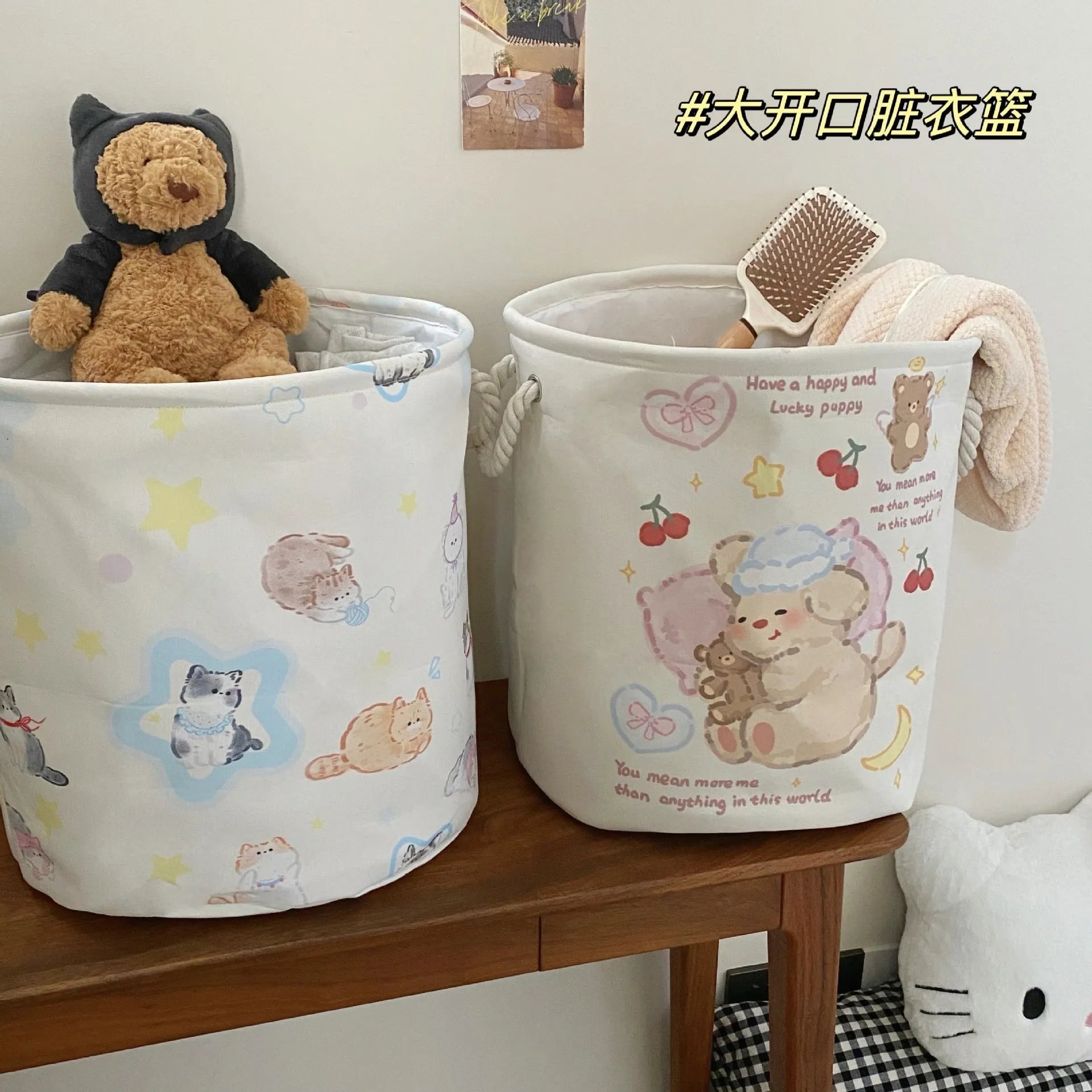 Foldable cotton laundry basket in mint green colour with bear design pattern for bedroom storage