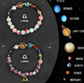 Two natural stone zodiac bracelets showing twelve different astrological styles on a neutral background