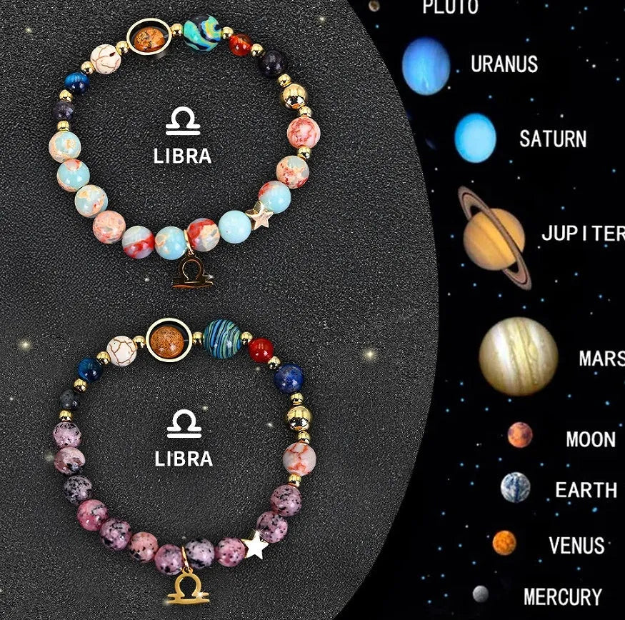 Two natural stone zodiac bracelets showing twelve different astrological styles on a neutral background