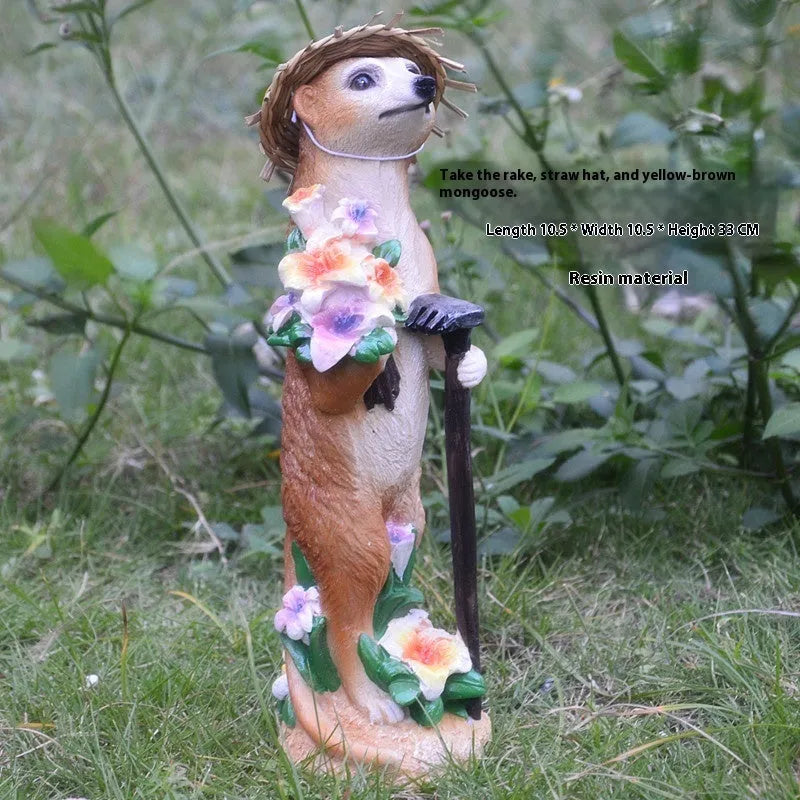 Straw hat mongoose garden ornament figurine with plastic resin construction