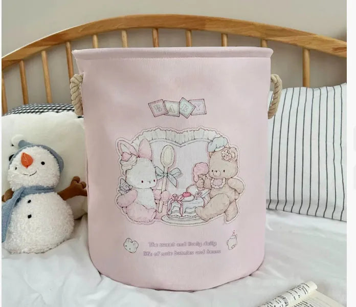 Foldable cotton laundry basket in mint green colour with bear design pattern for bedroom storage