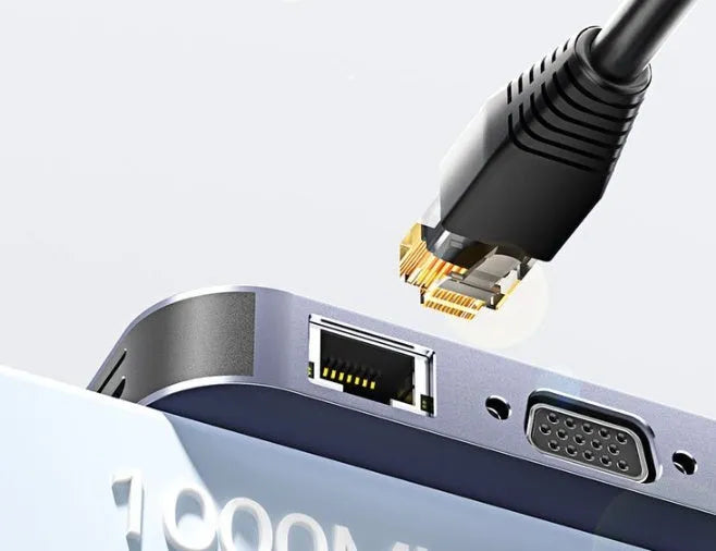 11-in-1 USB-C expansion dock with Gigabit Ethernet port, HDMI, VGA, USB-A ports, and memory card slots