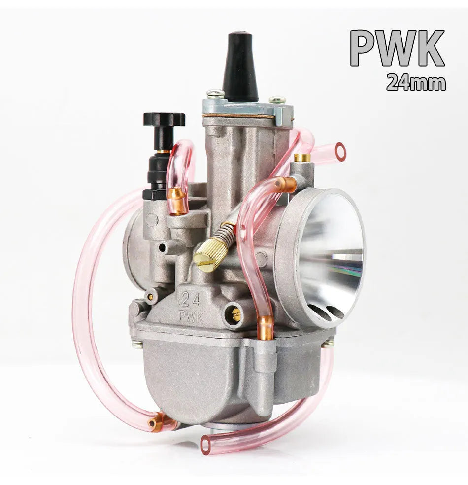 Sandblasted PWK motorcycle carburetor kit with size options from 21mm to 34mm bore.