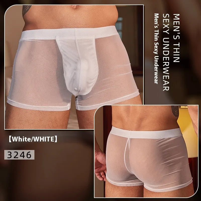 Man's black ultra-thin breathable boxer briefs made from nylon fabric.