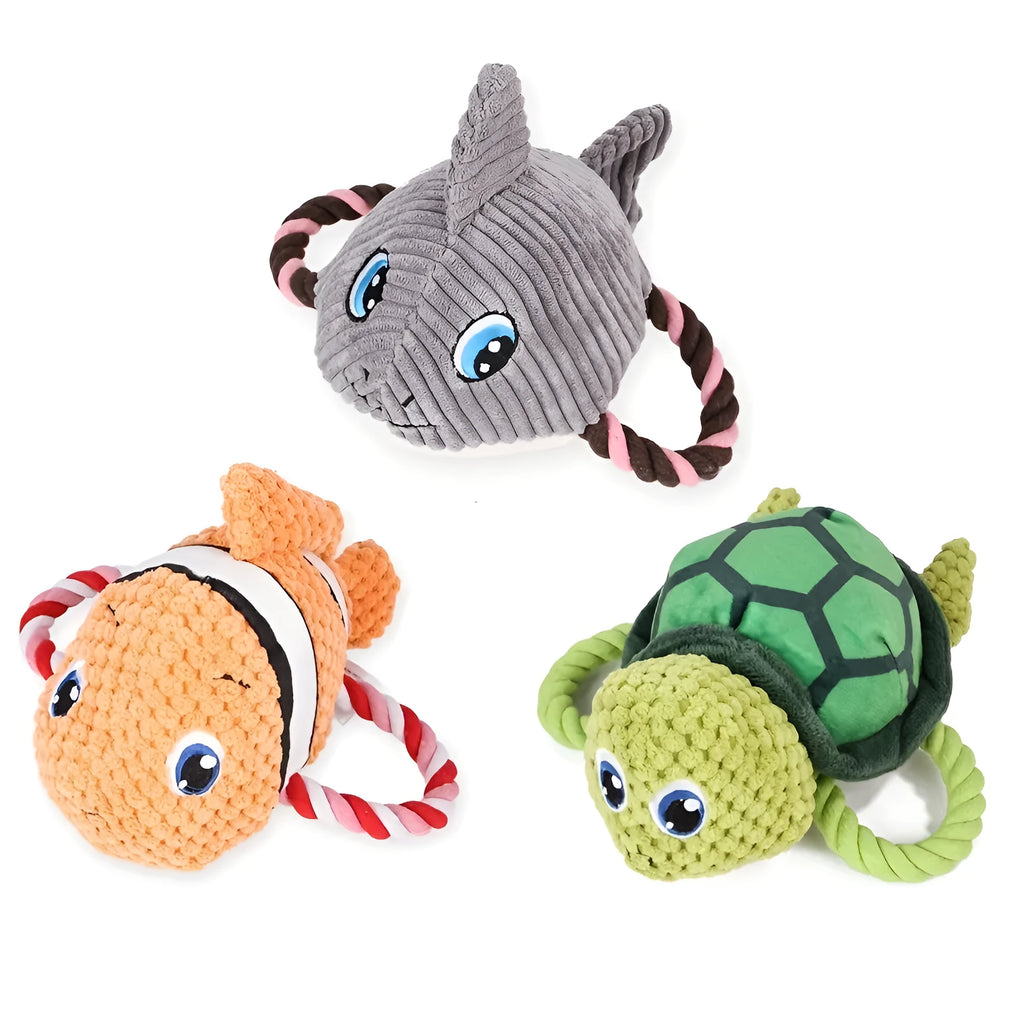 Turtle shaped dog chewing toy with rope knot legs and natural rubber shell in grey, green or orange