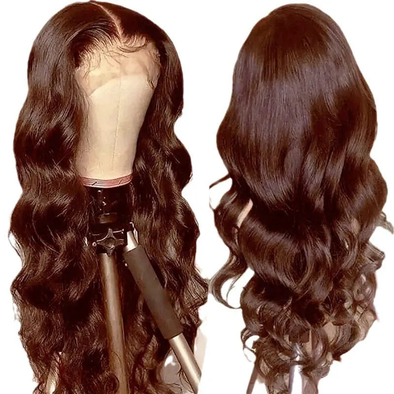 Dark brown long curly front lace wig with side bangs on a model