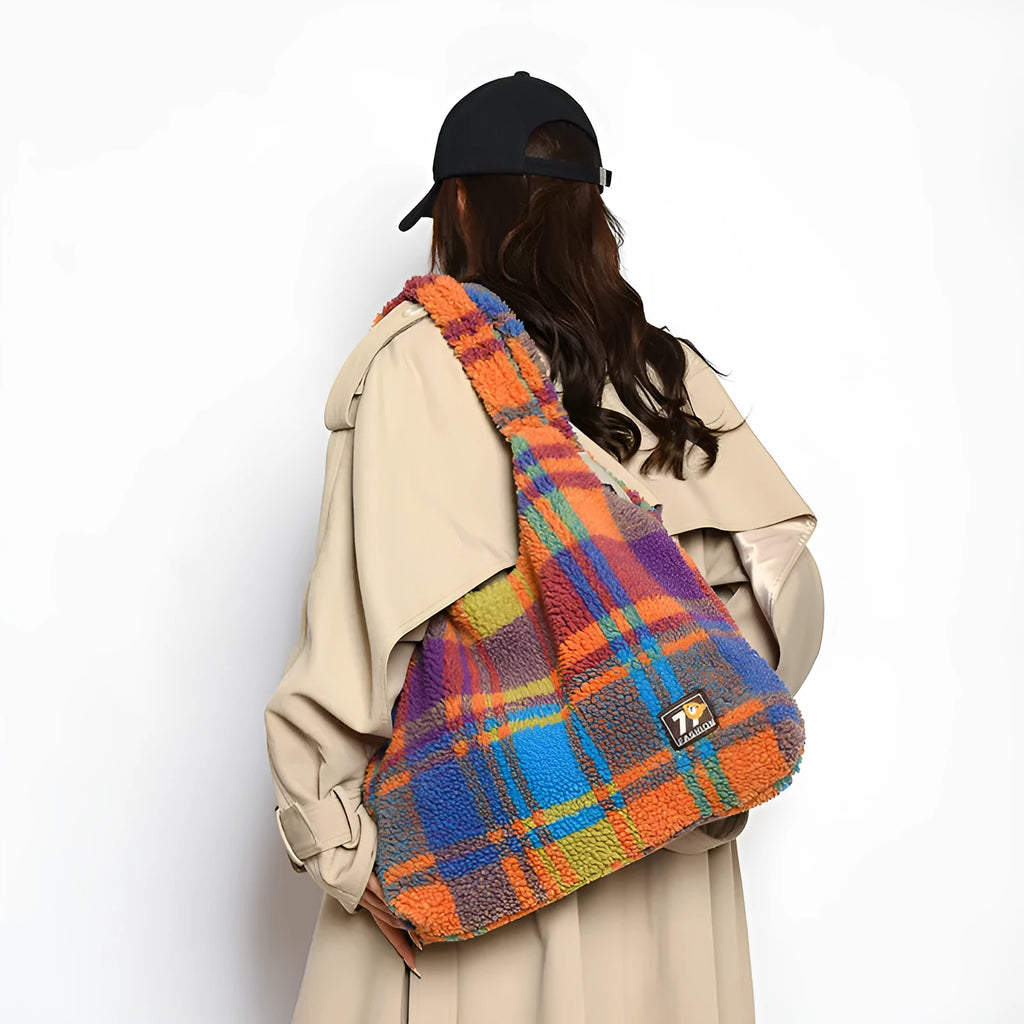 Women's plaid shoulder crossbody tote bag in plush material with large capacity