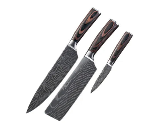 30cm chef knife with Damascus pattern blade and colour steel handle