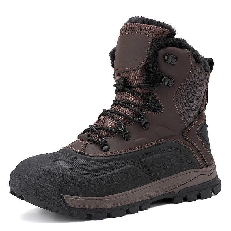 Men's black plus size high-top boots with fleece lining, flat heel, and lace-up front.