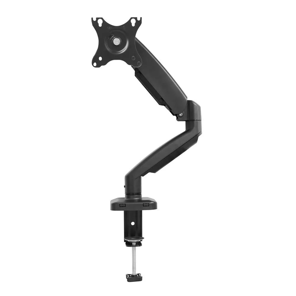 Black and white rotating telescopic LCD monitor stand with metal aluminium construction on a desk