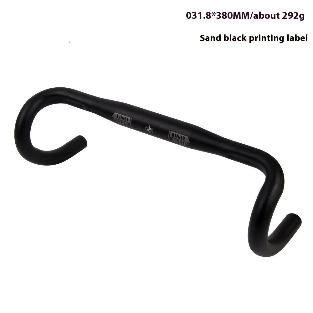 Black UNO aluminium alloy road bike drop handlebar showing curved shape and 31.8mm clamp section.