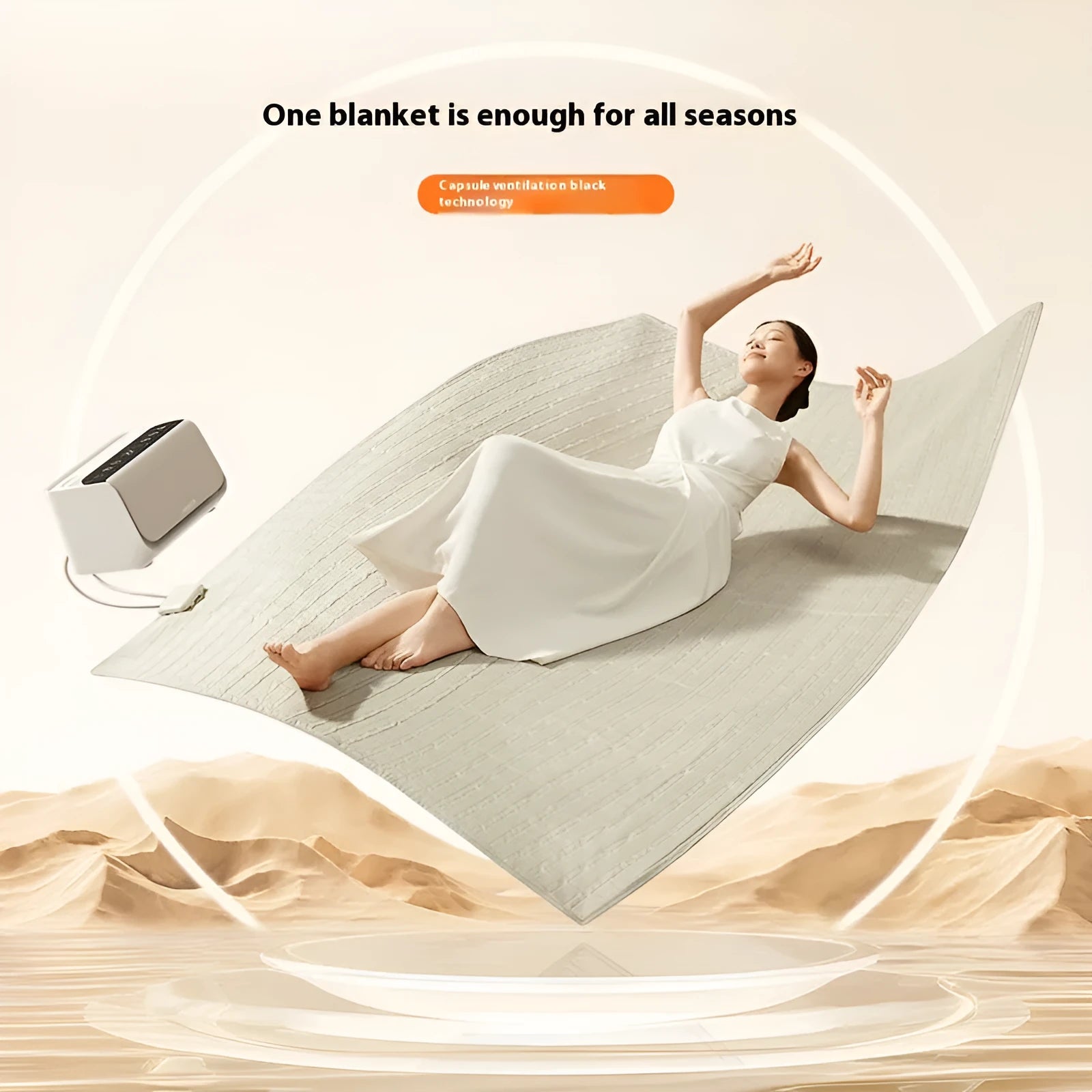 White electric heating blanket with smart host controller showing capsule design and plush fabric texture
