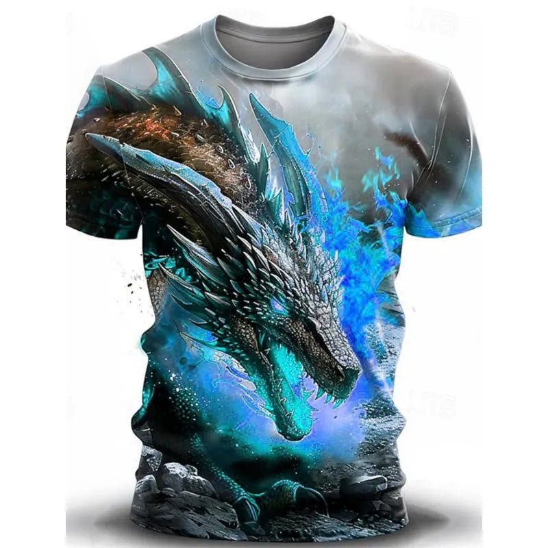 Men's grey t-shirt with a large 3D wind dragon graphic print on the front.
