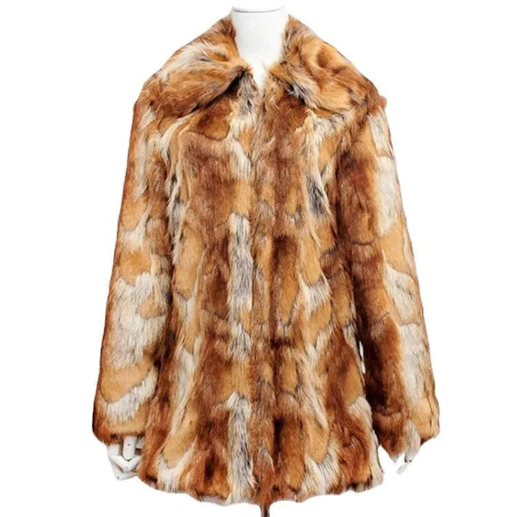 Women's slim-fit faux fur jacket with a bold tiger pattern, long sleeves, and a medium-length cut.
