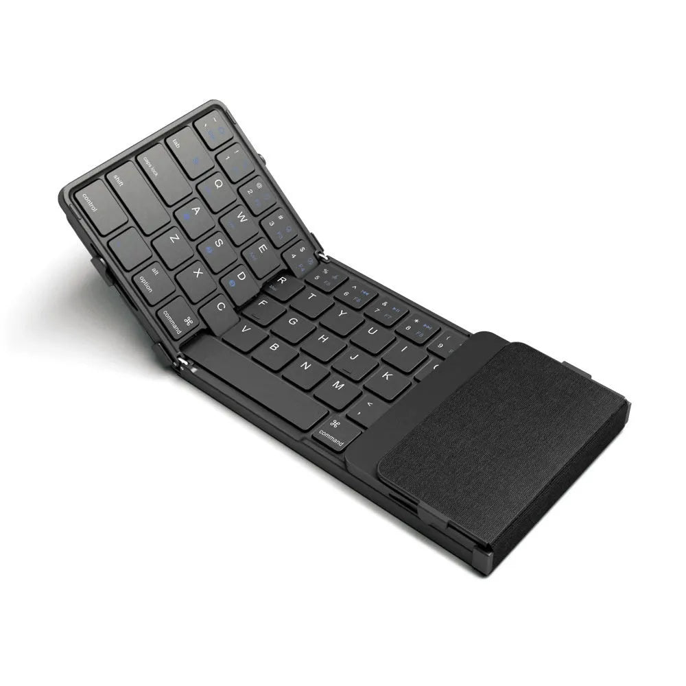 Black folding Bluetooth keyboard with touchpad unfolded showing full keyboard and touchpad surface