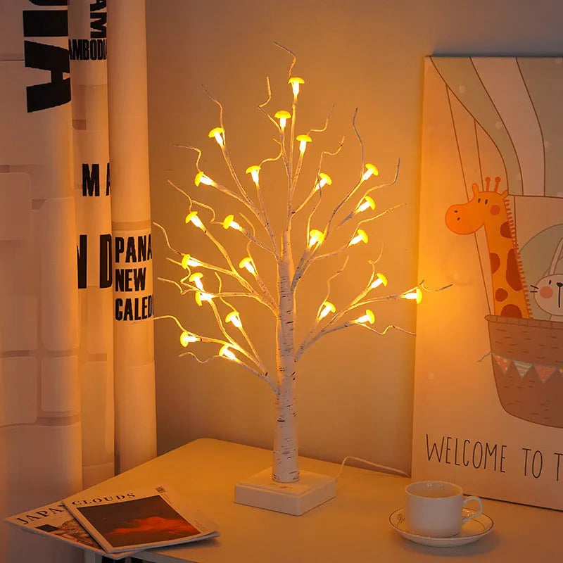 60cm tall white birch tree LED lamp with 24 small red detachable mushroom ornaments