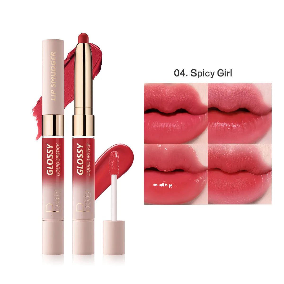 Double-headed lipstick and lip gloss product showing matte and glossy ends in one of ten available colours