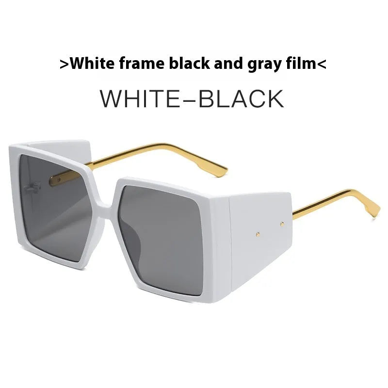 Large square frame sunglasses shown in multiple colour options including black, blue, and tortoiseshell.