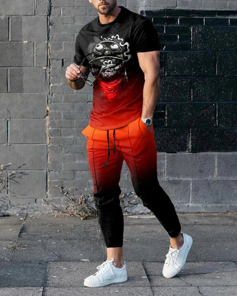 Men's short-sleeved pullover and trouser set in chemical fibre blend fabric for sports