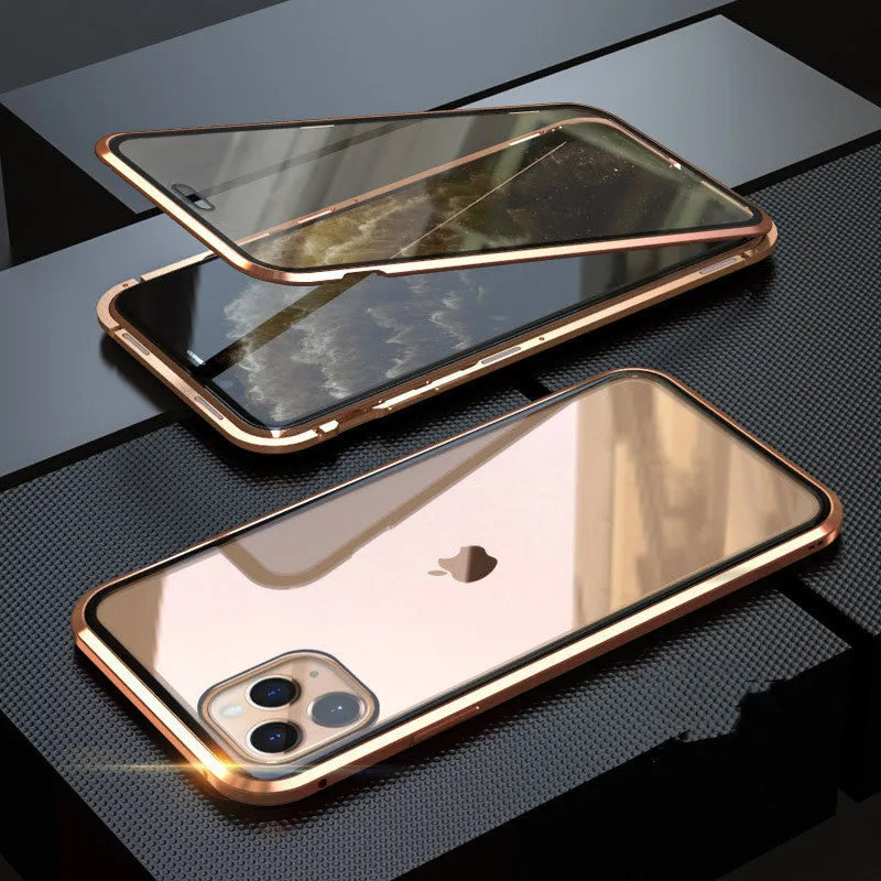 Black glass clamshell anti-spy case on an iPhone, showing geometric design and solid colour.