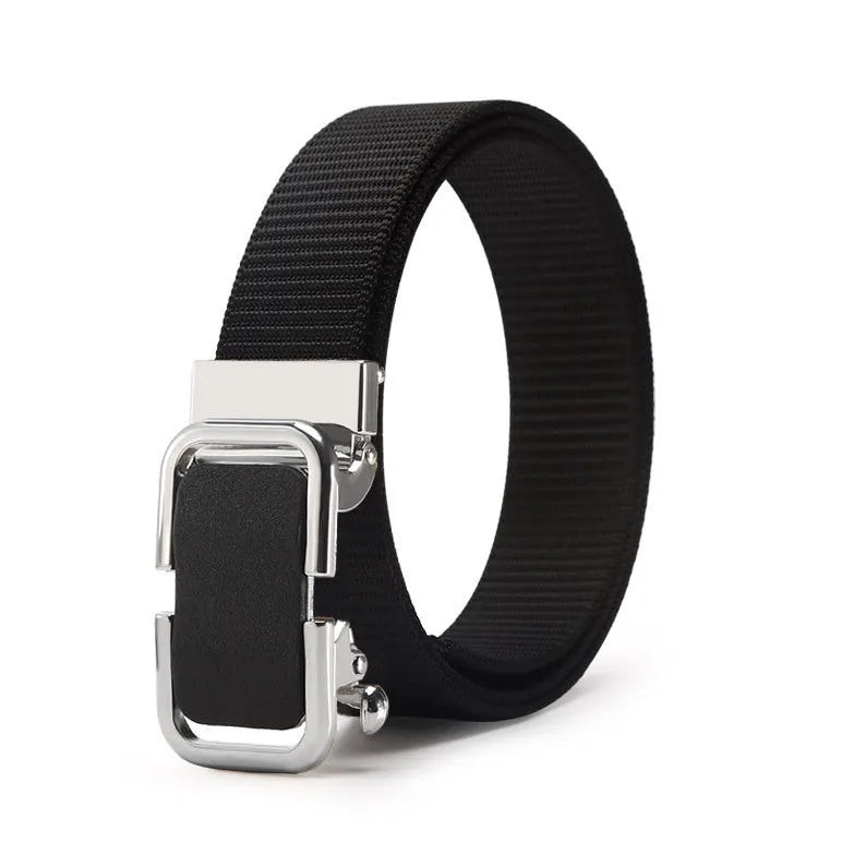 Men's nylon canvas belt with a silver toothless alloy buckle on a grey strap.