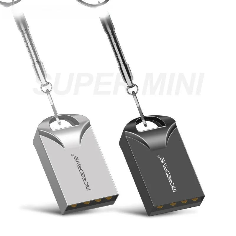 Mini black and silver metal USB flash drive showing compact 23x12x8mm size