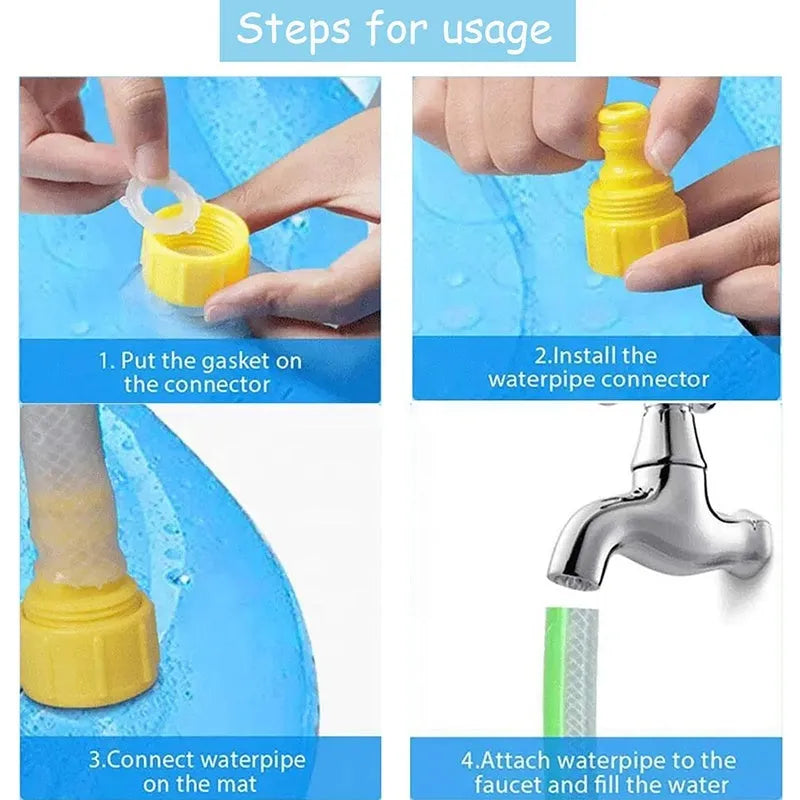 Blue inflatable dog sprinkler mat with water droplets on anti-slip surface, connected to a hose.