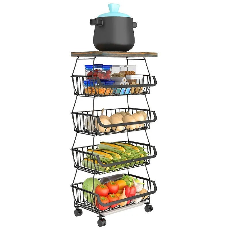Black six-layer freestanding kitchen storage rack trolley made of carbon steel.