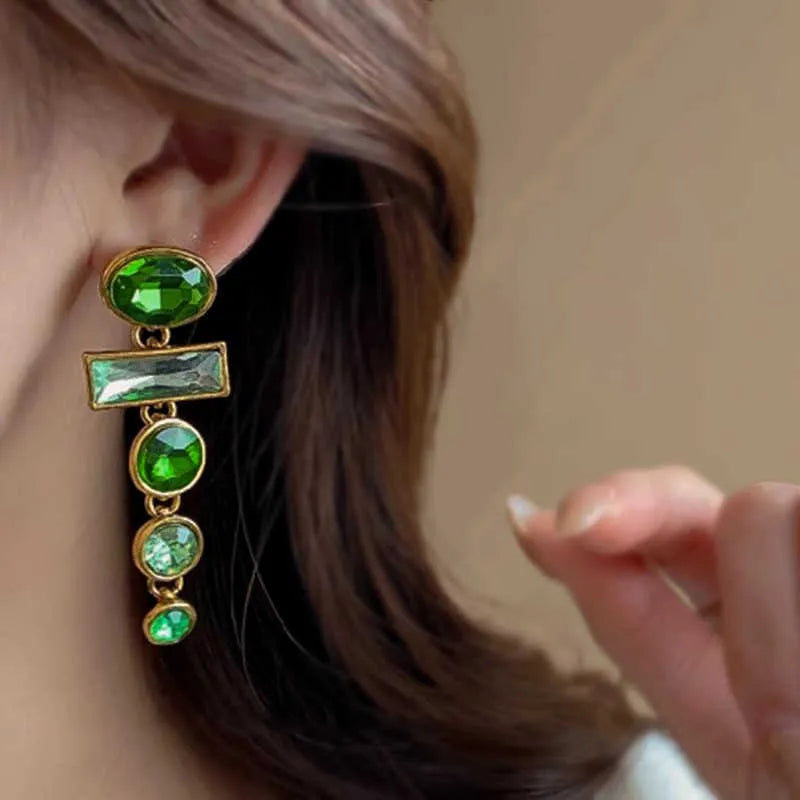 Green gradient geometric earrings with Chinese style design and tassel detailing