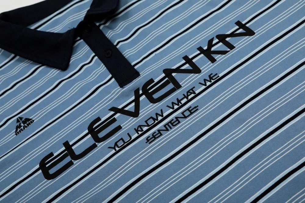 Man's blue and white vintage stripe cotton polo shirt with short sleeves and a loose fit.