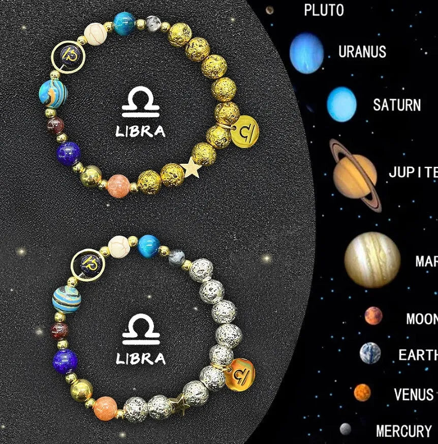 Two natural stone beaded bracelets showing zodiac sign charms on a wooden surface.