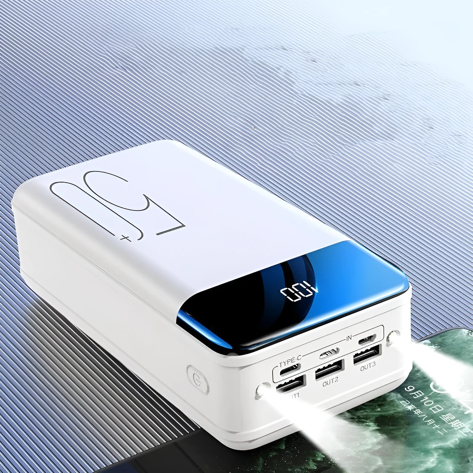 50000mAh power bank with three USB output ports in black plastic case