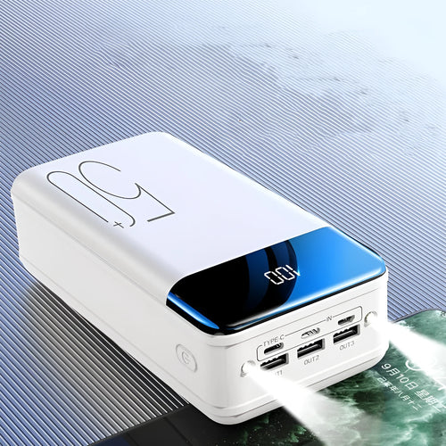 50000mAh power bank with three USB output ports in black plastic case