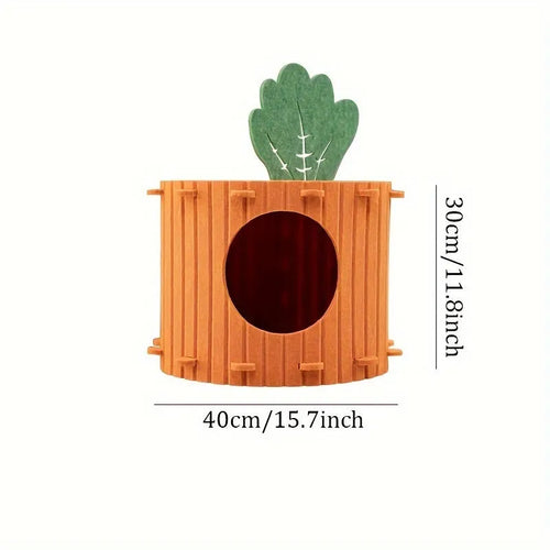 Carrot-shaped felt cat tunnel nest in semi-enclosed design showing M and L size options
