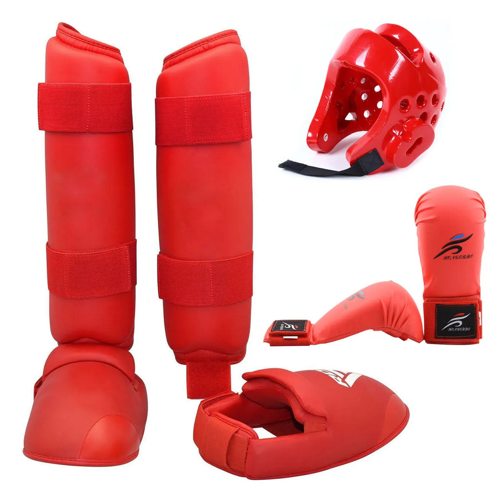 Blue karate protective gear set showing helmet, boxing gloves and leg guards for martial arts training