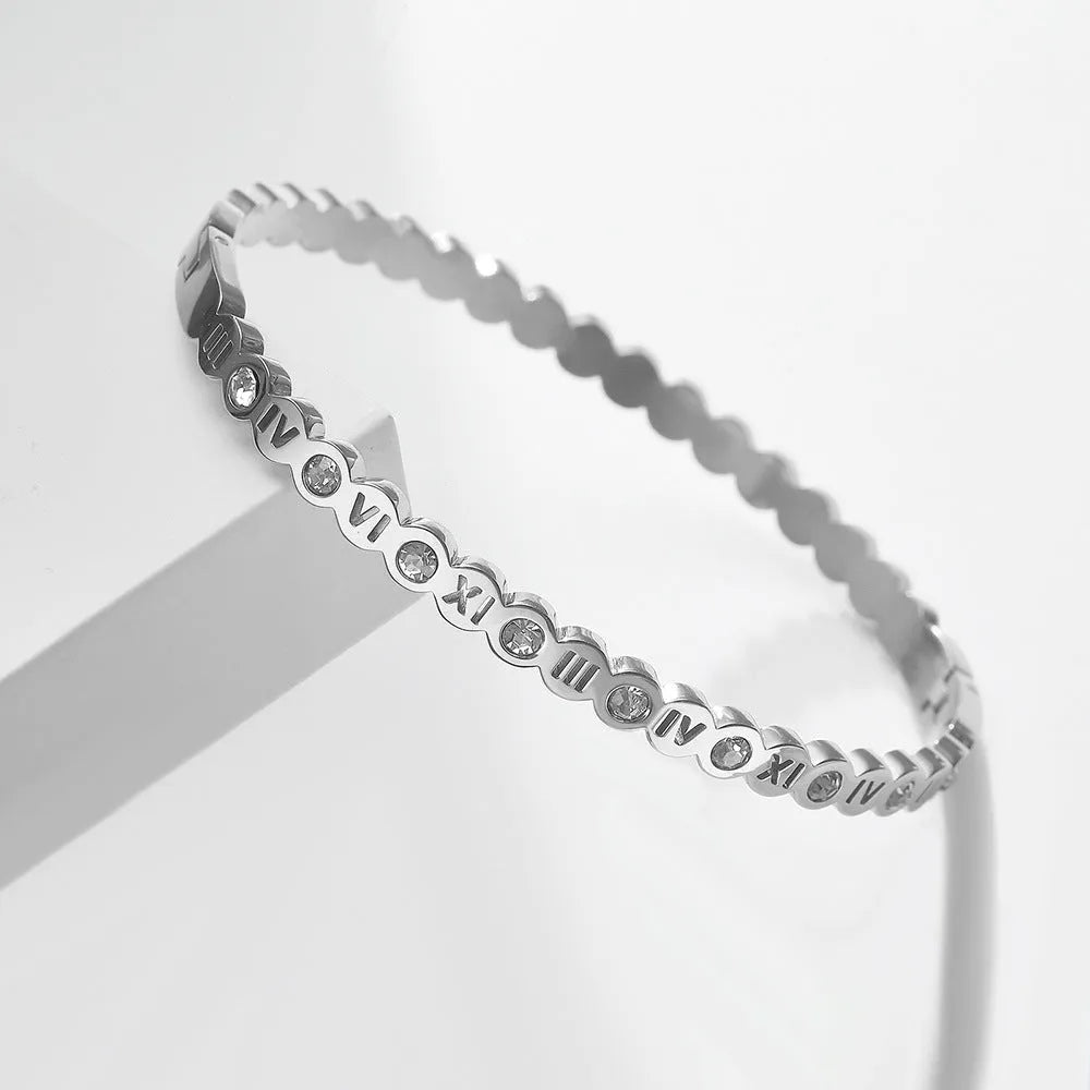 Korean style titanium steel men's bracelet with number design in gold, rose gold, or steel colour.