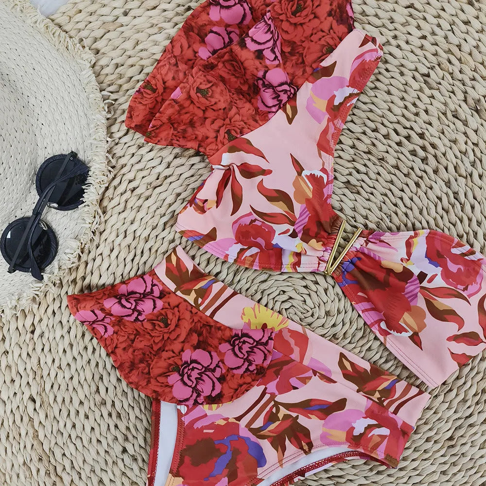 Women's pink floral one-shoulder ruffled high-waist bikini for swimming