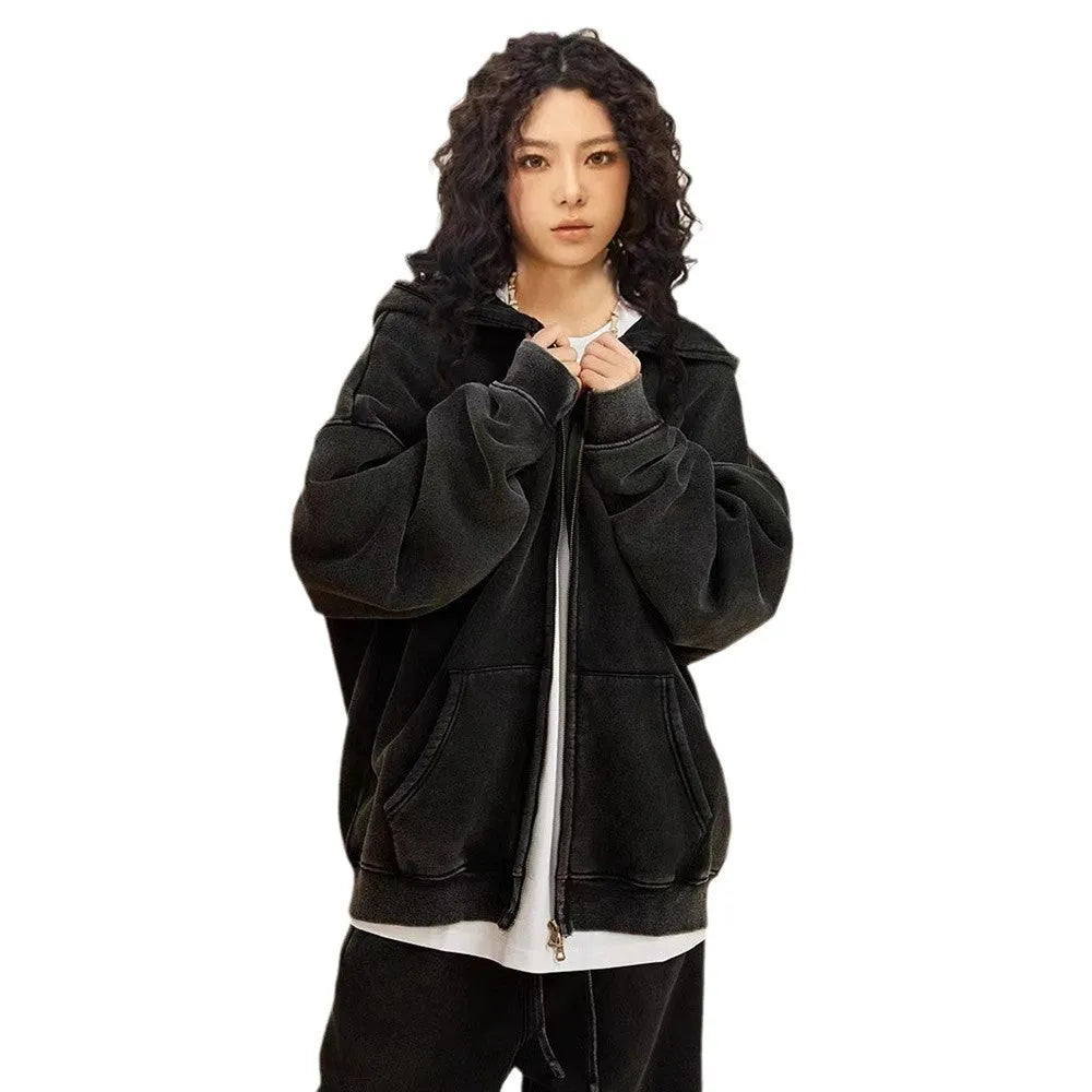 Men's washed black hooded cardigan with double zipper and fleece lining in vintage cotton style