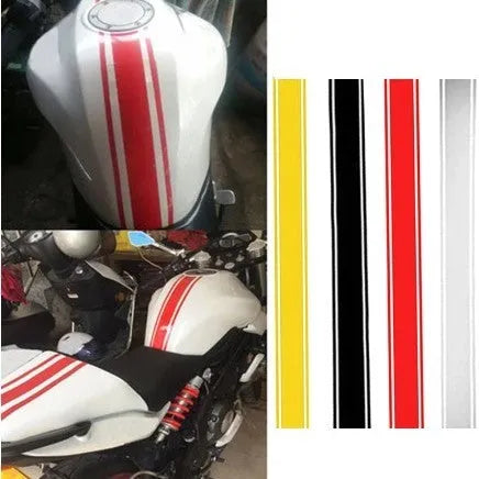 Motorcycle DIY gas tank lid reflective pinstripe sticker in black, red, silver, and yellow.