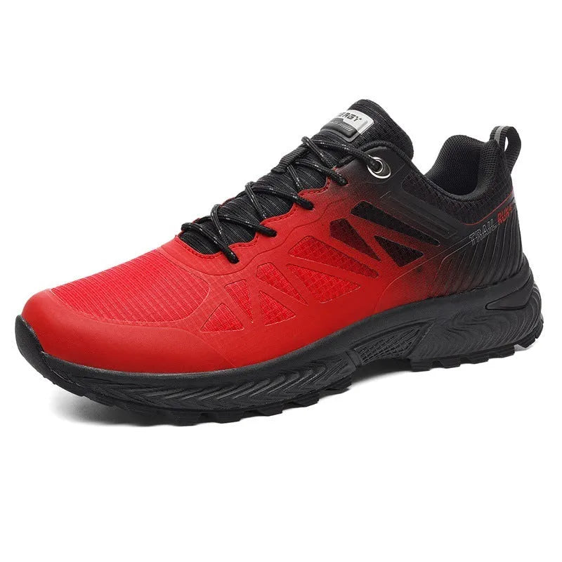 Men's black breathable mesh outdoor running shoe with round toe and flat heel on a white background.