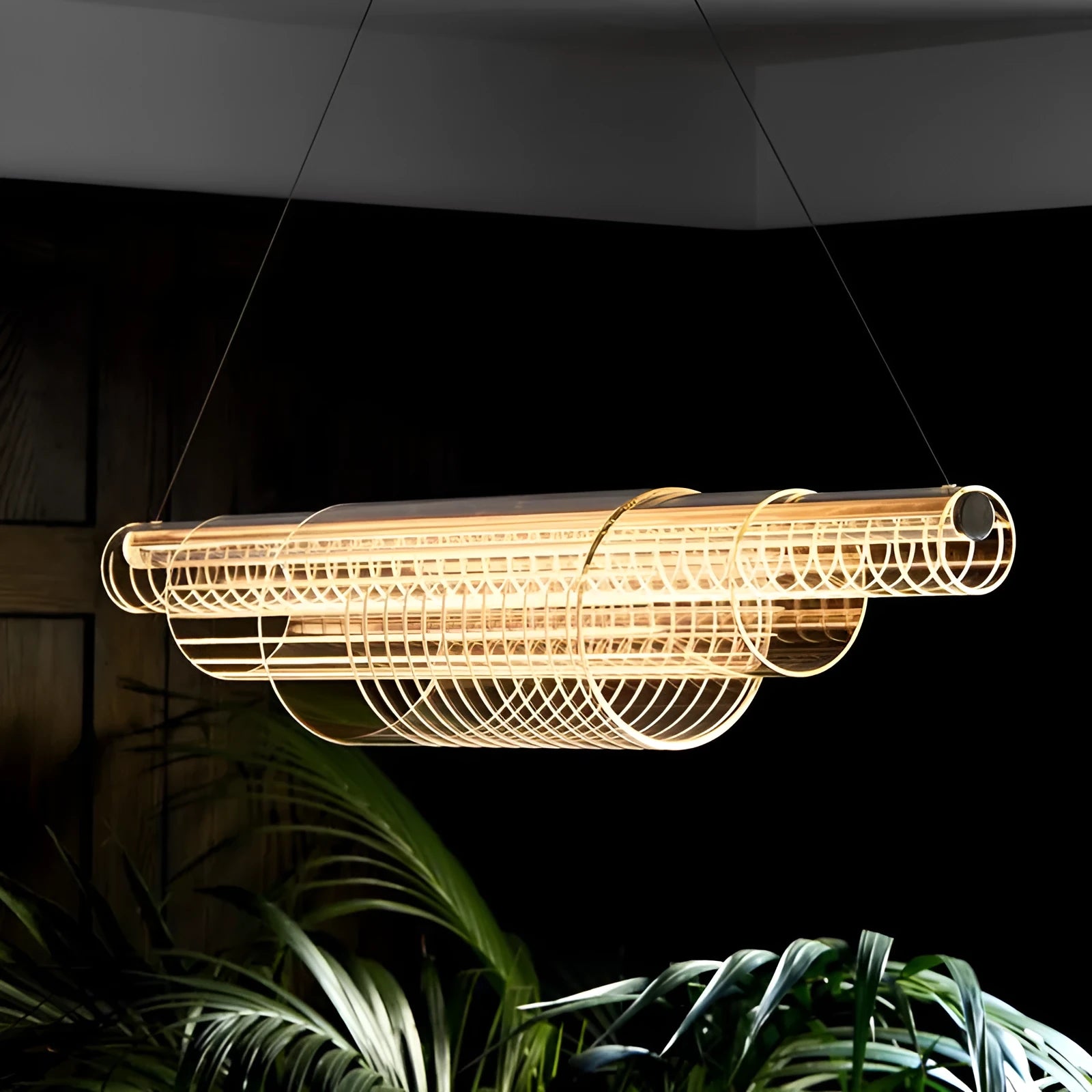 Minimalist glass pendant lamp with iron construction and LED lighting in three length options